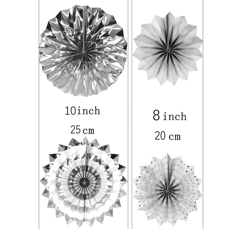 AKIO CRAFT Silver Wedding Party Hanging Paper Fans Decorations Bachelorette Bridal Shower Party Ceiling Hangings Baby Shower Birthday Nursery Party Decorations, 8pc - Image 3